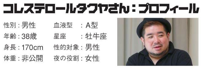 コレステロールタクヤさん:プロフィール 性別:男性 年齢:38歳 身長:170cm 体重:非公開 血液型:A型 星座:牡牛座 性的対象:男性 夜の役割:女性